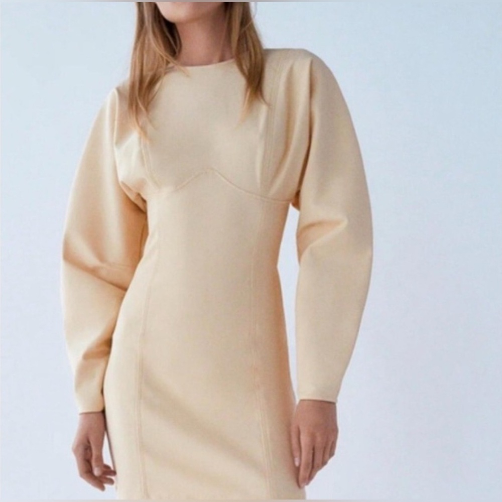 NWT ZARA Faux Leather Long Sleeve Mini Dress Cream XS Holiday NYE Bodycon Chic